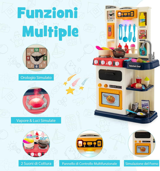 65 Pezzi Cucina Giocattolo per Bambini, Mini Cucina con Finto Vapore Cappa Aspirante, Rubinetto con Acqua Corrente, Canzoni, Luci e Suoni Realistici, 3 Anni+, 45 x 26 x 79 cm (Blu)