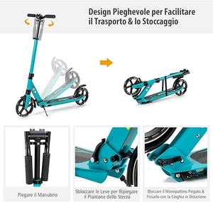 Scooter Monopattino a Spinta per Bambini Pieghevole e Regolabile in Altezza (91-106 cm), con Ruote Luminose e Cavalletto, Carico Massimo 100kg