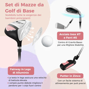 Set di Mazze da Golf per Bambini 5-7 Anni, Set Allenamento Golf con Sacca, Fodera Impermeabile, Legno di Fairway 3, Ferro 7, Ferro S e Putter per Bambini e Bambine, Destrorso