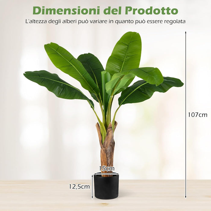 Set da 2 Alberi di Banane Artificiali, Pianta Finta con Foglie di Banana e Rami Regolabili con Vaso, Pianta in Vaso Decorativa da Interno per Soggiorno o Ufficio