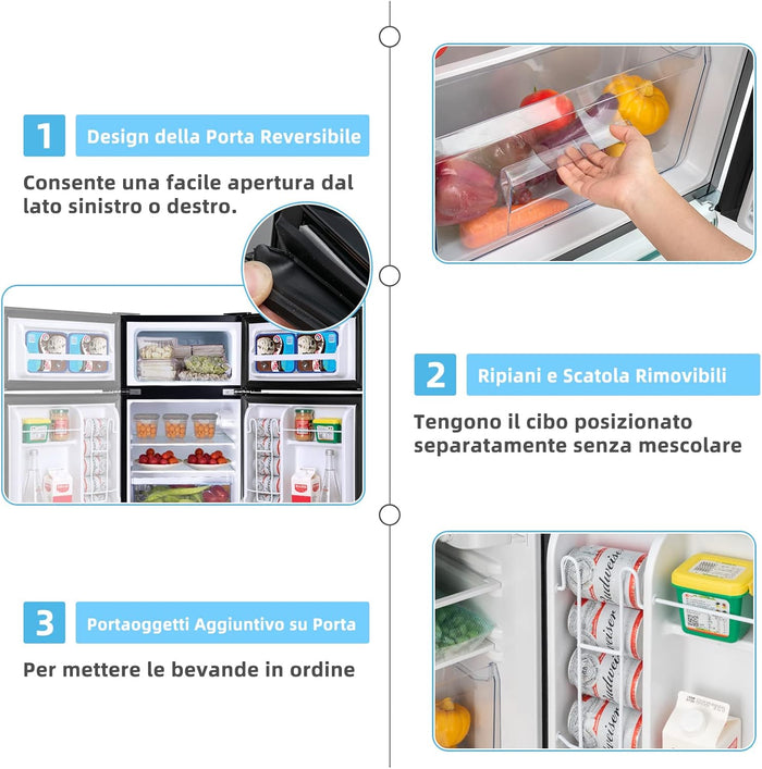 Frigorifero 90 L (27+63), Freezer Separato con 2 Ante e Luce LED, Refrigerazione Rapida, Silenzioso, Mini Frigo per Ufficio Casa Bar Hotel, 220-240 V/50 Hz (Nero) [Classe di efficienza energetica E]
