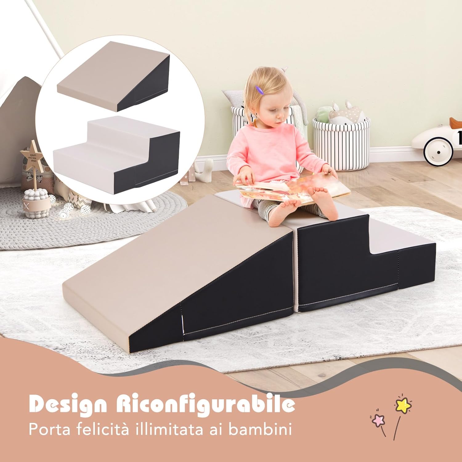 Set di 2 Blocchi per Gattonare e Arrampicare per Neonati e Bambini, Set di Blocchi di Schiuma Morbida per Gioco Attivo Interno, Set di Gioco Morbido per Sviluppo dei Bambini (Grigio e nero)