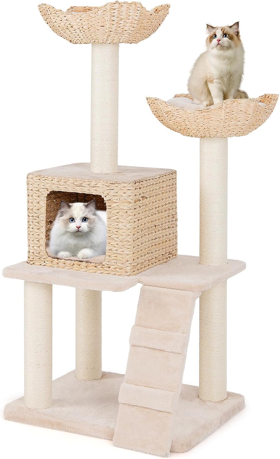 Tiragraffi per Gatti 122cm, Albero per Gatti con Posti per Graffiare in Sisal, Cuccia in Velluto a Coste, Scala e Cuscini Lavabili, Torre Cattail per Animali Domestici, Beige e Naturale