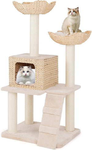 Tiragraffi per Gatti 122cm, Albero per Gatti con Posti per Graffiare in Sisal, Cuccia in Velluto a Coste, Scala e Cuscini Lavabili, Torre Cattail per Animali Domestici, Beige e Naturale