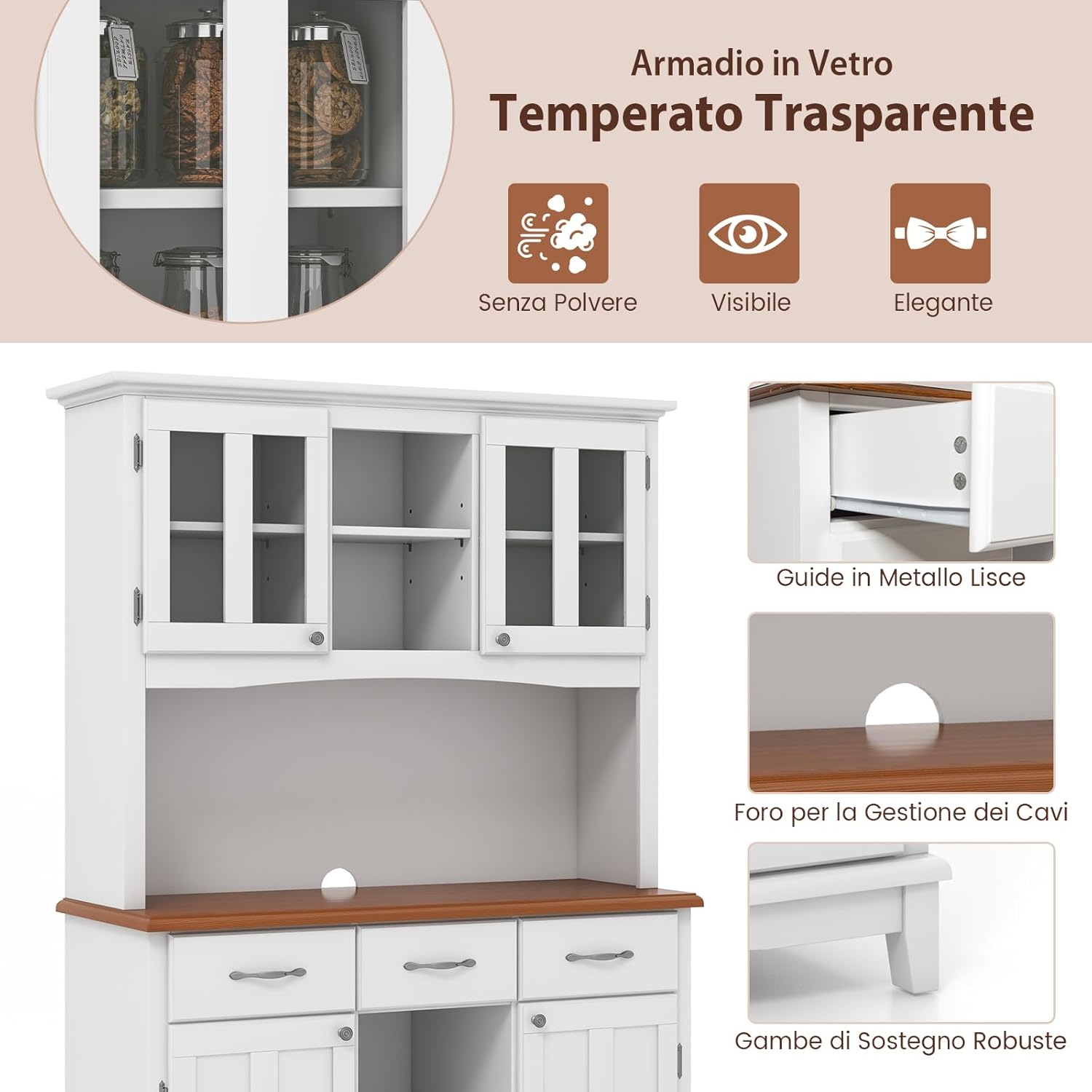 Credenza da Cucina, Armadietto Dispensa da Cucina Alto con Ante in Vetro Temperato, Portabottiglie, Ripiani Regolabili, Mobile Moderno per Cucina con 3 Cassetti e Ripiani Aperti (Bianco)