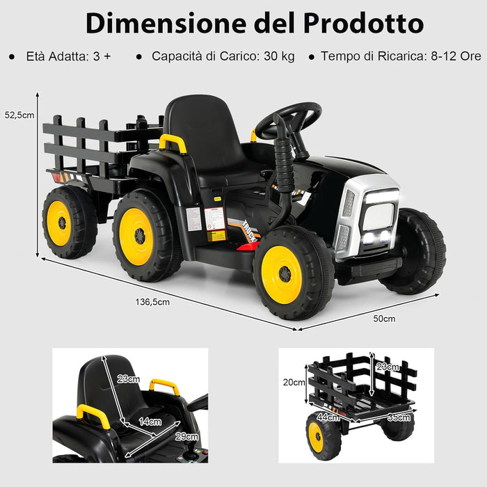 Trattore con Rimorchio Cavalcabile per Bambini 12V, Trattore Elettrico Telecomandato, con Luci e Suoni, 30kg, 3+ Anni (Nero)