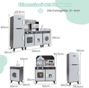 Cucina Giocattolo per Bambini, Cucina per Bambini con Frigorifero, Macchina del Ghiaccio, Lavatrice, Forno, Microonde, Lavello e Rubinetto, Con Luci e Suoni, per Bambini 3+ Anni (Marrone)