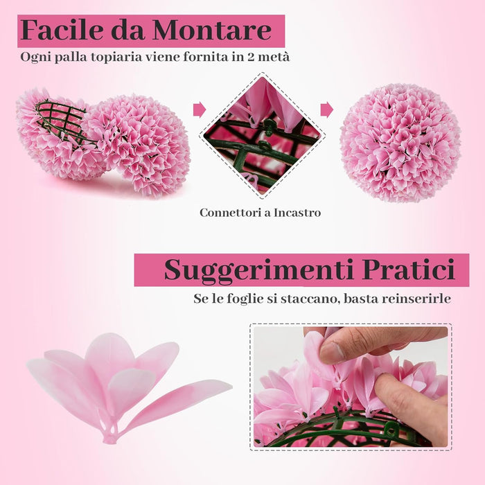 Set di 2 Piante Finte Sfera di Bosso 28 cm per Vaso, Palla di Topiarie Sintetica in PE da Giardino, Piante Artificiali Decorative Arredamento da Interno ed Esterno (Rosa)