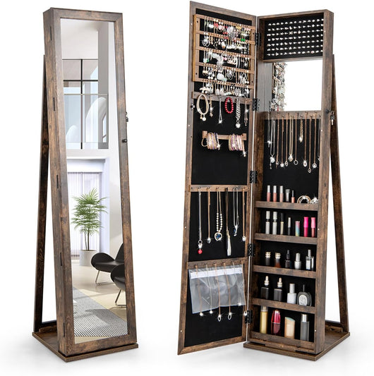 Specchio Portagioie da Terra, Armadietto Portagioie con Specchio a Figura Intera e Specchio Interno, con Serratura, per Collane Orecchini Anelli Cosmetici, 38 x 38 x 157,5 cm (Marrone)
