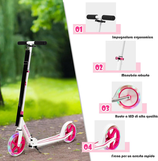 Scooter Monopattino Altezza Regolabile, Ruote Luminose, per Bambini e Adulti, Capacità di Carico 100kg, Alluminio, 10+ Anni