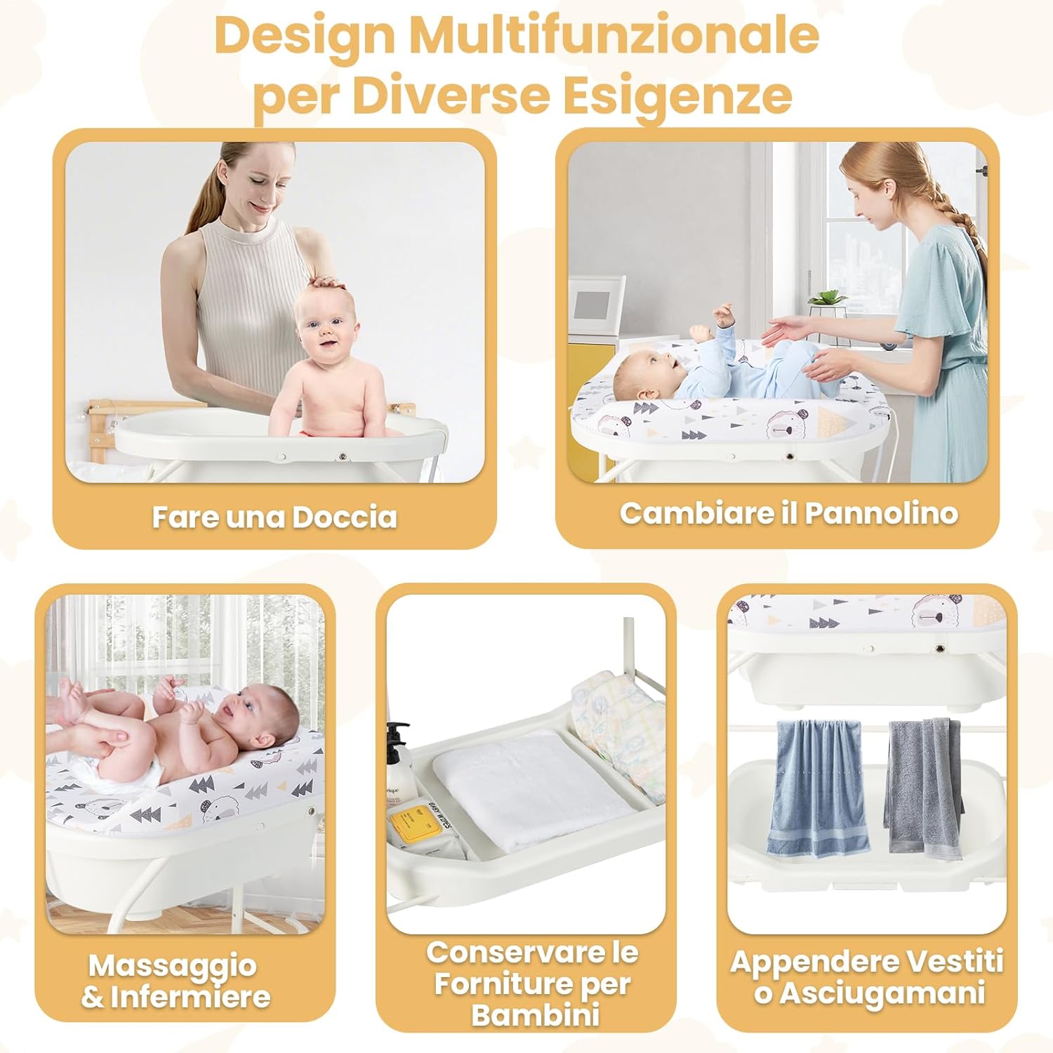 Fasciatoio con Vaschetta per Bambini, Vasca da Bagno per Neonati, Fasciatoio Pieghevole con Materassino, Cestino Portaoggetti, Ruote con Freno, Portata 35kg+15kg (Bianco)