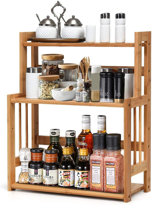 GIANTEX Portaspezie a 3 Ripiani in Bambù Naturale, Scaffale Condimenti, Portaoggetti Cucina, Mensola Spezie, Strato Inferiore Regolabile in Altezza