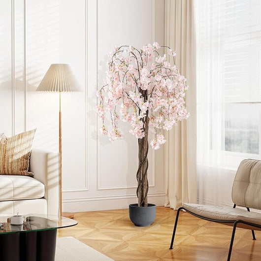 Albero di Ciliegio Artificiale 163 CM, Pianta Finta da Interno con Vaso in PP Riempito con Cemento, Fiori in Tessuto, Decorazione per Ufficio, Casa e Veranda (Bianco)