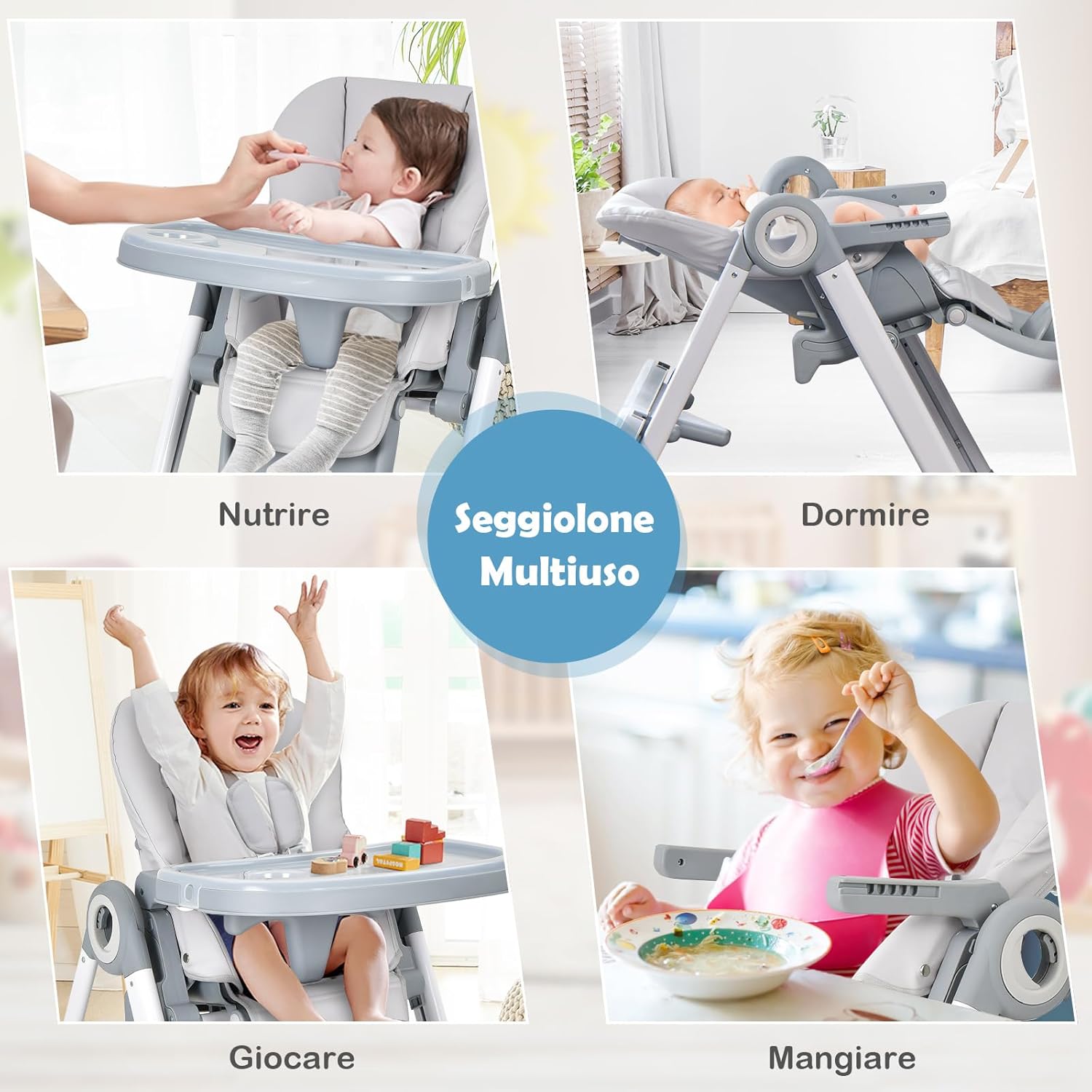 Seggiolone Pappa, Seggiolone Pieghevole con 4 Ruote, Seggiolone per Bambini con Altezza, Schienale e Poggiapiedi Regolabili, Vassoio Rimovibile, per Bambini 6-36 Mesi, Fino a 15 kg