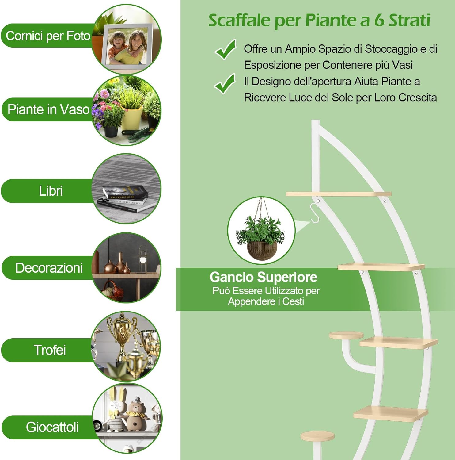 Scaffale per Piante a 7 Livelli, Scaffale a Forma di Mezza Luna con Gancio e Dispositivo Antiribaltamento, Porta Piante e Fiori per Interno, Balcone e Soggiorno (1 PEZZO BIANCO)
