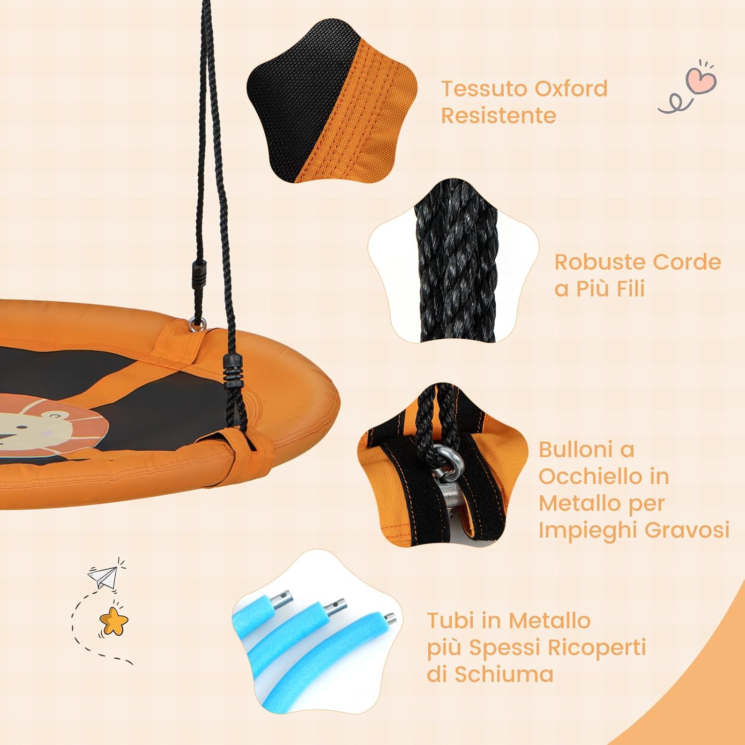 Altalena a Cerchio da 102 cm, Altalena a Nido con Corde Regolabili e Moschettoni, Tessuto Oxford Impermeabile, Altalena Rotonda da Esterno con Rotazione a 360Â° per Bambini(Giallo)