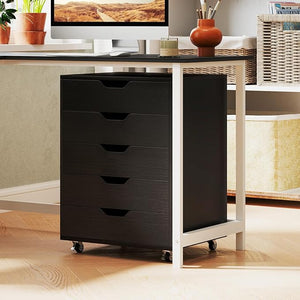 Cassettiera da Ufficio con 5 Cassetti e Ruote, Mobiletto Multiuso per Documenti e Cosmetici, Comodino con Ruote per Camera da letto, Studio, Ufficio e Soggiorno (Nero)