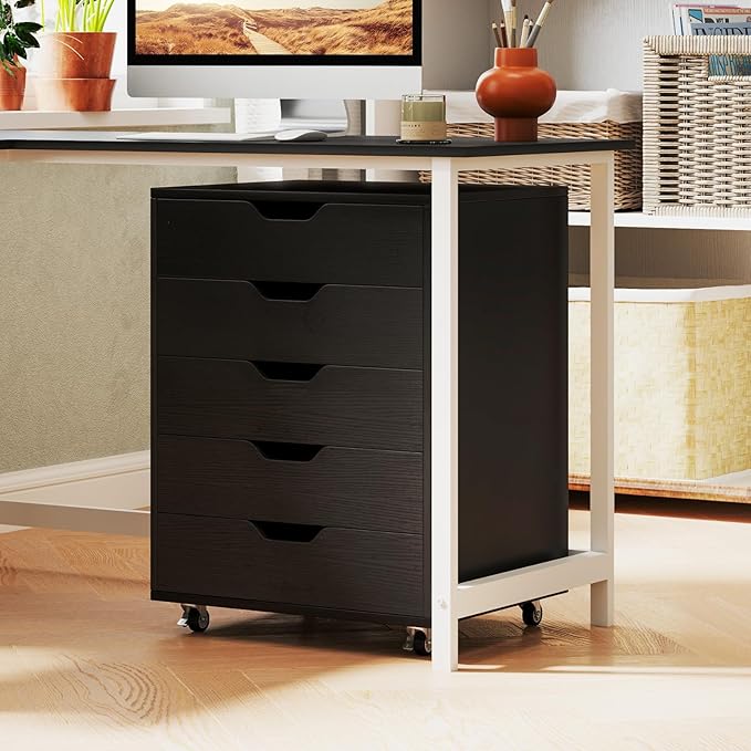 Cassettiera da Ufficio con 5 Cassetti e Ruote, Mobiletto Multiuso per Documenti e Cosmetici, Comodino con Ruote per Camera da letto, Studio, Ufficio e Soggiorno (Nero)