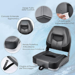 Set di 2 Sedie da Barca, Sedie per Barca Con Schienale Basso, Sedia da Barca Pieghevole, con Schiuma Spessa, Cinghia di Fissaggio, 50 x 42 x 52 cm (Grigio+Nero)