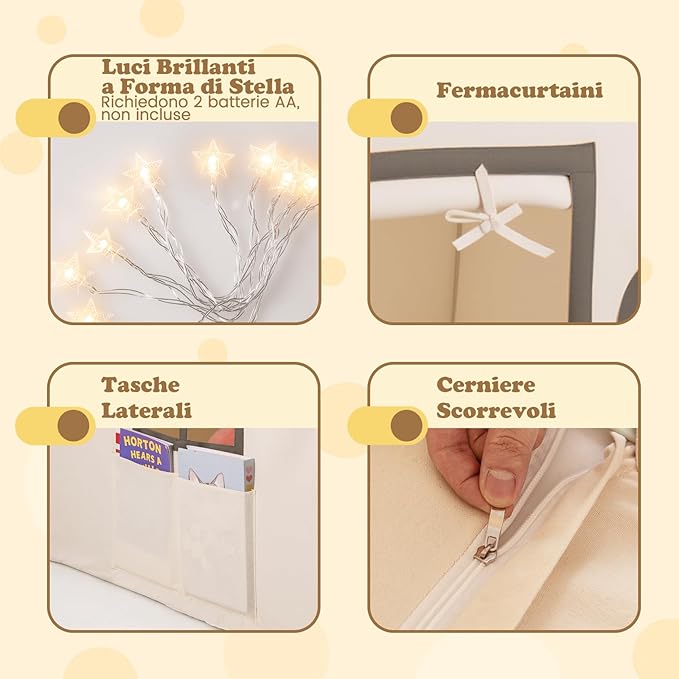 Tenda da Gioco per Bambini, con Tenda Porta e Finestre, Luci a Stella, Tappetino Antiscivolo, Casetta per Bambini e Bambine 3-10 Anni, 120 x 101 x 143 cm (Beige)