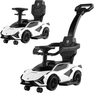 3 in 1 Auto da Spinta, Auto Scorrevole con Paracolpi e Manubrio Rimovibili Musica e Fari, Spazio di Stoccaggio Nascosto e Ruote Universali Staccabili, Bambini 18-24 Mesi (Bianco)