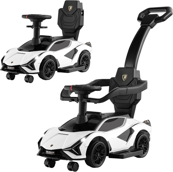 3 in 1 Auto da Spinta, Auto Scorrevole con Paracolpi e Manubrio Rimovibili Musica e Fari, Spazio di Stoccaggio Nascosto e Ruote Universali Staccabili, Bambini 18-24 Mesi (Bianco)