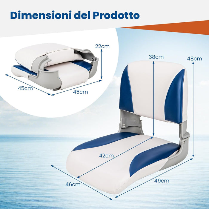 Set di 2 Sedie da Barca, Sedili da Barca Pieghevole Morbide Imbottite Spesse, Sedile Nautica Ergonomico per Imbarcazioni da Pesca, 49 x 46 x 48 cm, Blu e Bianco