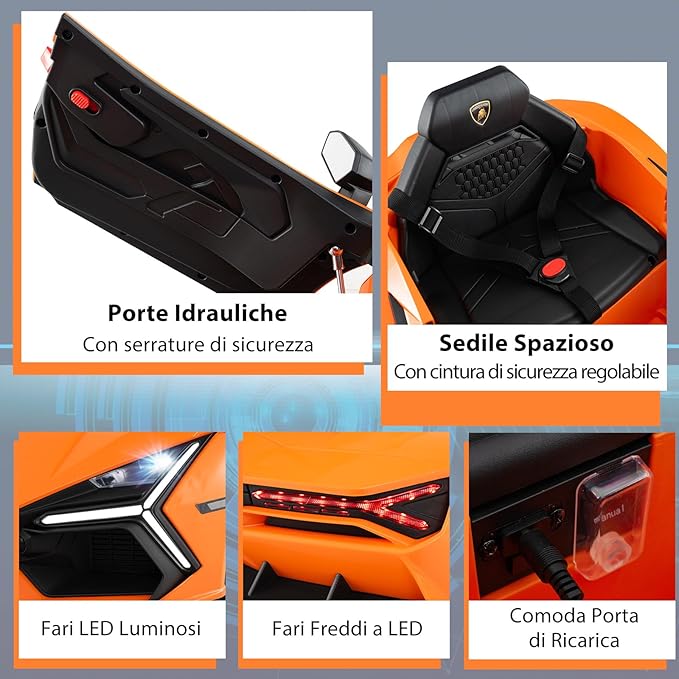 Lamborghini 12V Auto Elettrica per Bambini, Veicolo Elettrico Cavalcabile con Telecomando Luci LED Musica, 3-5 Km/h, per Bambini 37-95 Mesi (Arancia)