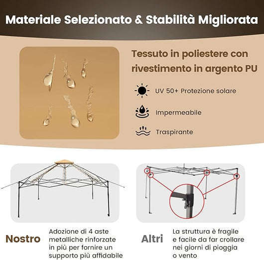 Gazebo Pieghevole da Giardino 4 x 4 m, Altezza Regolabile, Gazebo Pop-up con Zanzariera, Borsa di Trasporto, Doppio Tetto Ventilato e per Giardino Patio e Cortile (Cachi)