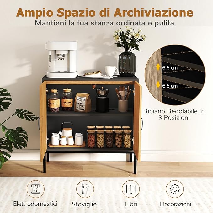 Credenza da Cucina, Armadio con 2 Ante Intrecciate in Rattan, Ripiano Regolabile a 3 Posizioni, Armadietto Boho per Cucina, Sala da Pranzo, Soggiorno e Corridoio, 80 x 38 x 81 cm (Nero)