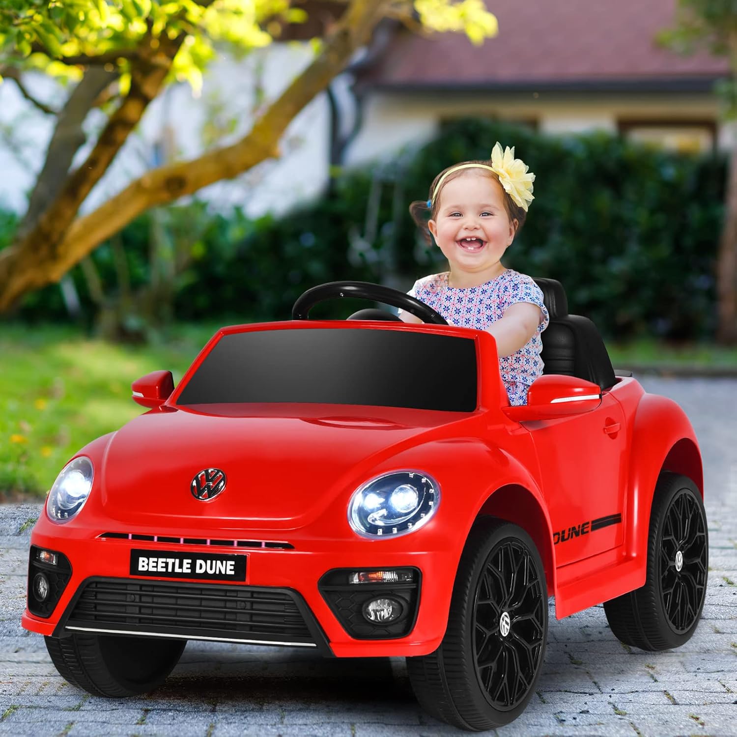 12V Volkswagen Macchina Elettrica per Bambini, Auto Elettrica con Telecomando Luci Musica Doppia Porta, 5km/h Carico 30kg, per Bambini 3-8 Anni (Rosso)