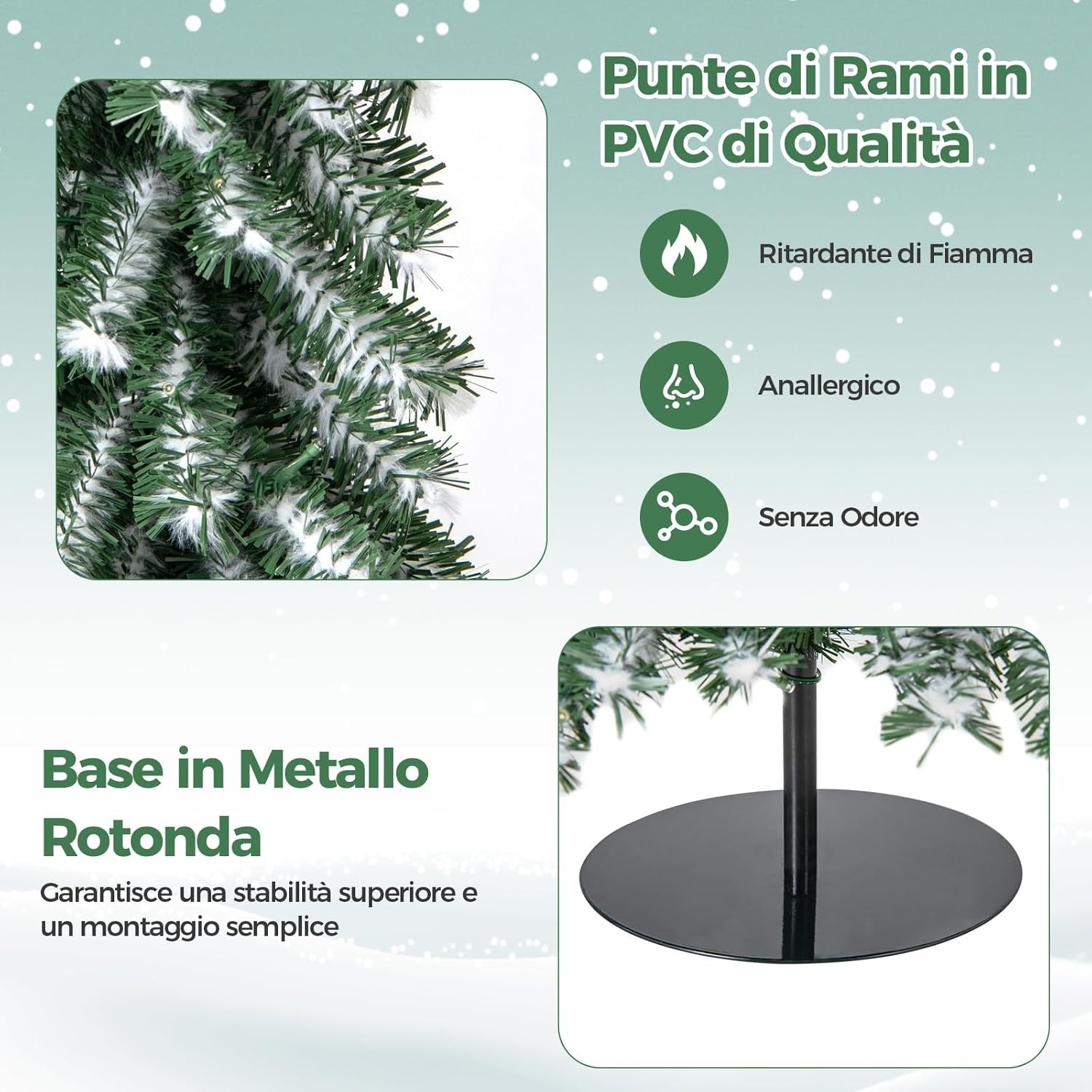 Albero di Natale Slim e Innevato con Luci 120/150 / 180 CM, Set di Alberi di Natale Artificiali Realistico con 216 & 302 & 505 Punte di Rami e 100 & 120 & 180 Luci LED