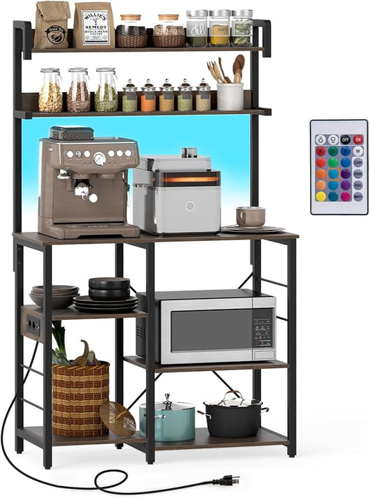 Scaffale da Cucina con Multipresa, Supporto per Microonde a 5 Ripiani con Luci LED, Mensole Portaoggetti, Scaffale Multifunzionale per Cucina Soggiorno Bar, 90 x 40,5 x 147 cm