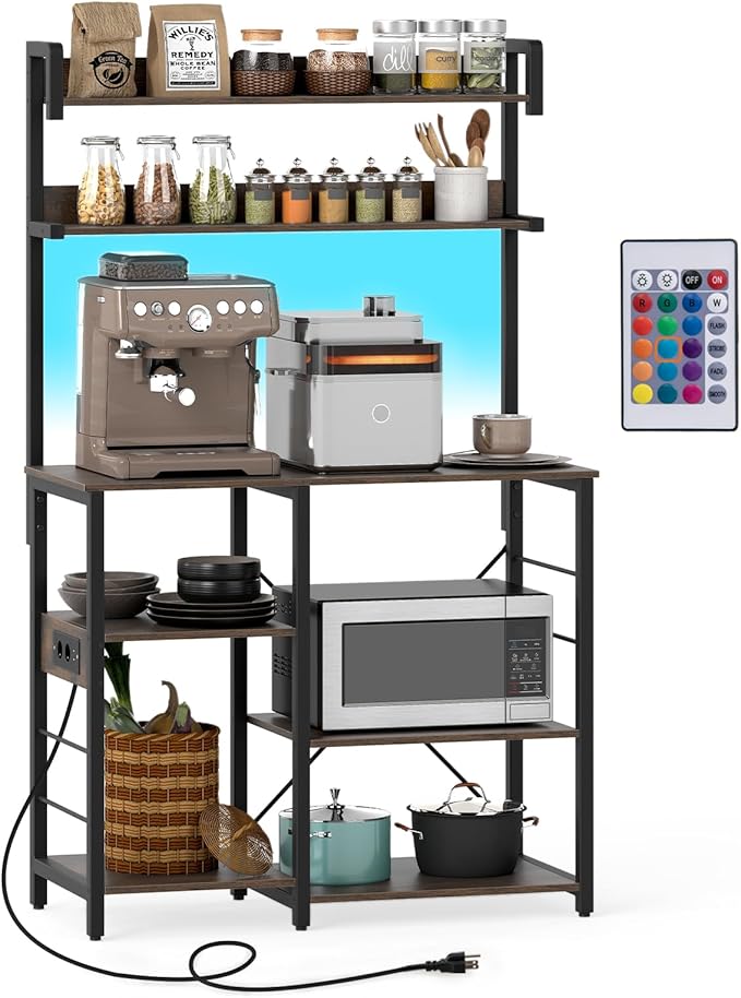 Scaffale da Cucina con Multipresa, Supporto per Microonde a 5 Ripiani con Luci LED, Mensole Portaoggetti, Scaffale Multifunzionale per Cucina Soggiorno Bar, 90 x 40,5 x 147 cm