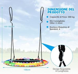 Altalena a Nido 100 cm per Bambini e Adulti, Altalena Rotonda con Luci LED Colorate e 2 Funi Regolabili, Capacità di Carico 300 kg da Giardino Esterno (Colorato)