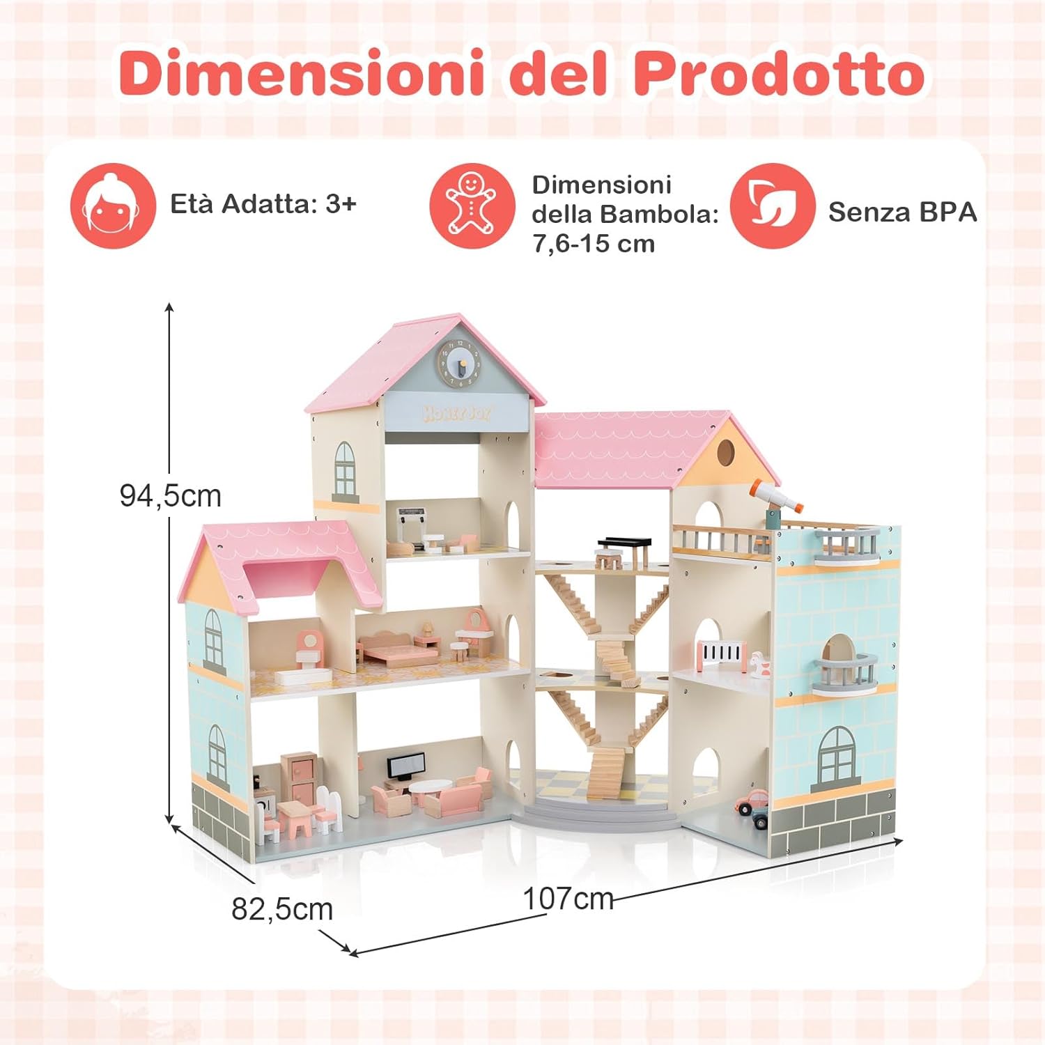 Casa delle Bambole in Legno, Casa delle Bambole a 3 Piani con 41 Mobili e Accessori, per Bambini 3 Anni+, 87 x 32 x 94 cm