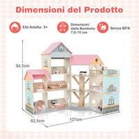 Casa delle Bambole in Legno, Casa delle Bambole a 3 Piani con 41 Mobili e Accessori, per Bambini 3 Anni+, 87 x 32 x 94 cm