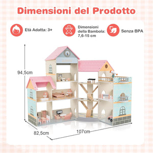 Casa delle Bambole in Legno, Casa delle Bambole a 3 Piani con 41 Mobili e Accessori, per Bambini 3 Anni+, 87 x 32 x 94 cm