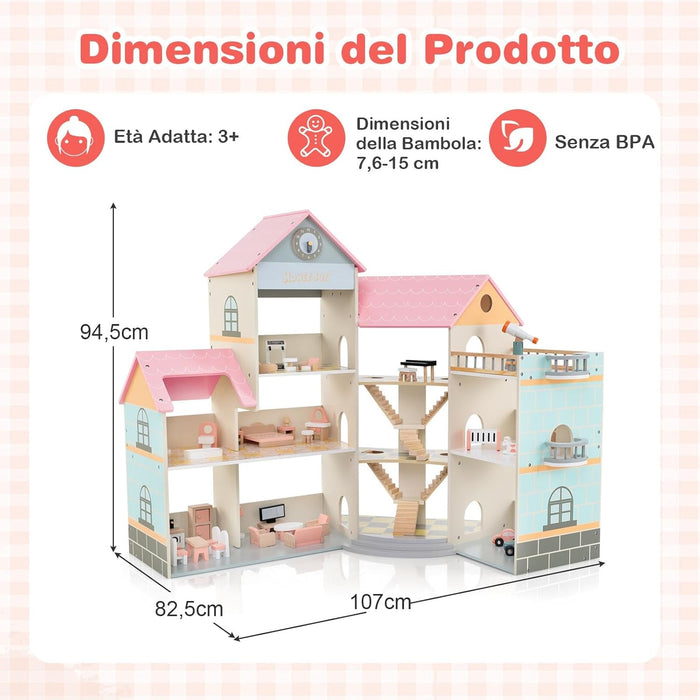 Casa delle Bambole in Legno, Casa delle Bambole a 3 Piani con 41 Mobili e Accessori, per Bambini 3 Anni+, 87 x 32 x 94 cm