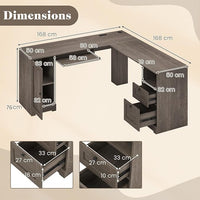 Tavolo per computer a forma di L con base di ricarica integrata, scrivania angolare con ripiano per tastiera e cassetti, tavolo da ufficio per 2 persone con armadietto e ripiano regolabile