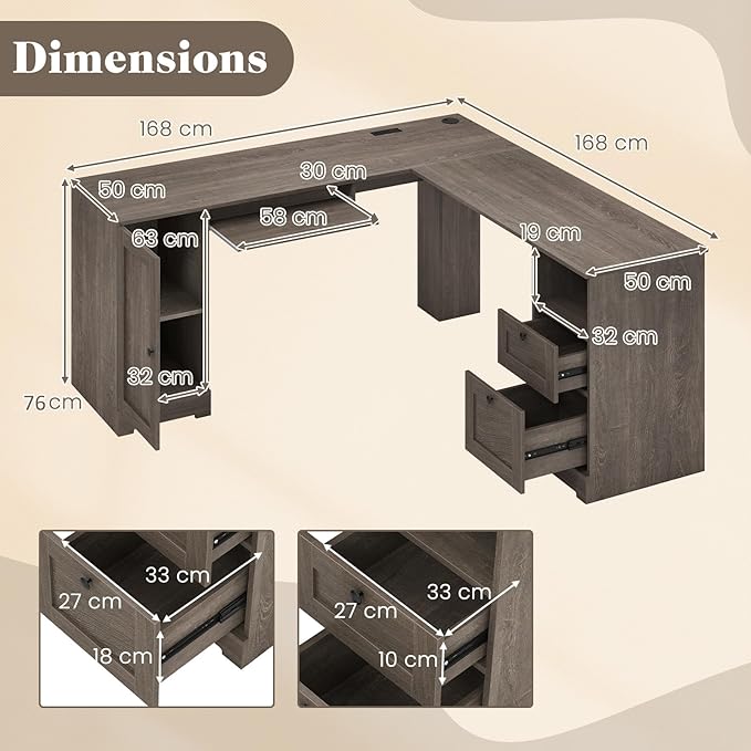 Tavolo per computer a forma di L con base di ricarica integrata, scrivania angolare con ripiano per tastiera e cassetti, tavolo da ufficio per 2 persone con armadietto e ripiano regolabile