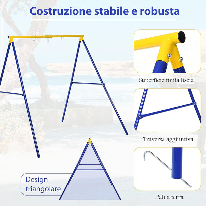 Struttura di Metallo per Altalena, Struttura ad A Resistente per Altalena, con Paletti e 2 Modi per Appenderla, Capacità di Peso 200kg, Ideale per Attività Interne ed Esterne (Blu e Giallo)