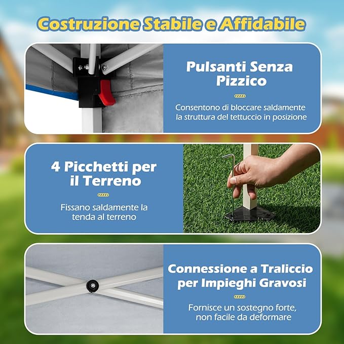 Gazebo Pop-up da Esterno 3 x 3 m, Gezebo Pieghevole con 1 Parete Laterale, Zaino Portatile e 4 Picchetti, Tendone Impermeabile e Resistente per Campeggio e Feste (Blu)