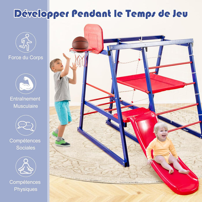 7 in 1 Parco giochi Arrampicata Bambino con Scivolo & Cestino da Pallacanestro, Giocattolo Arrampicata Montessori con 2 Piattaforma, Interno Esterno, Carico 120kg per Bambini 3-7 Anni