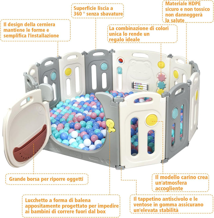 Recinto per Bambini da Giocare, Box Pieghevole Centro di Attività per Bambini, Porta con Chiusura e Giocattoli, Ecologico, da Interni ed Esterni (12Pannelli)