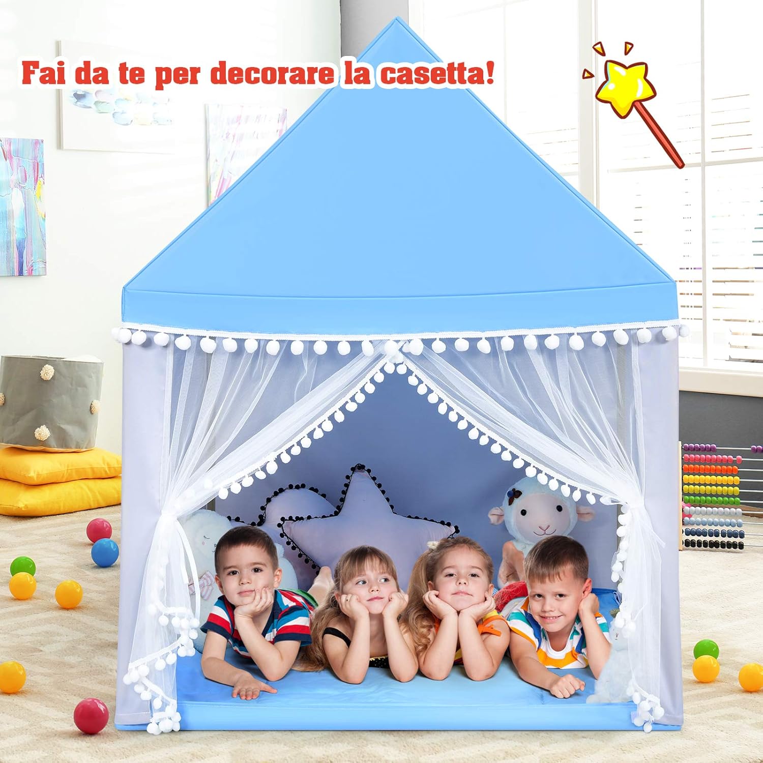 Tenda da Gioco Casetta per Bambini, Castello Giocattolo in Legno Cotone, con Struttura Stabile e Finestre Traspirabili, 105x120x140 cm (Azzurro)
