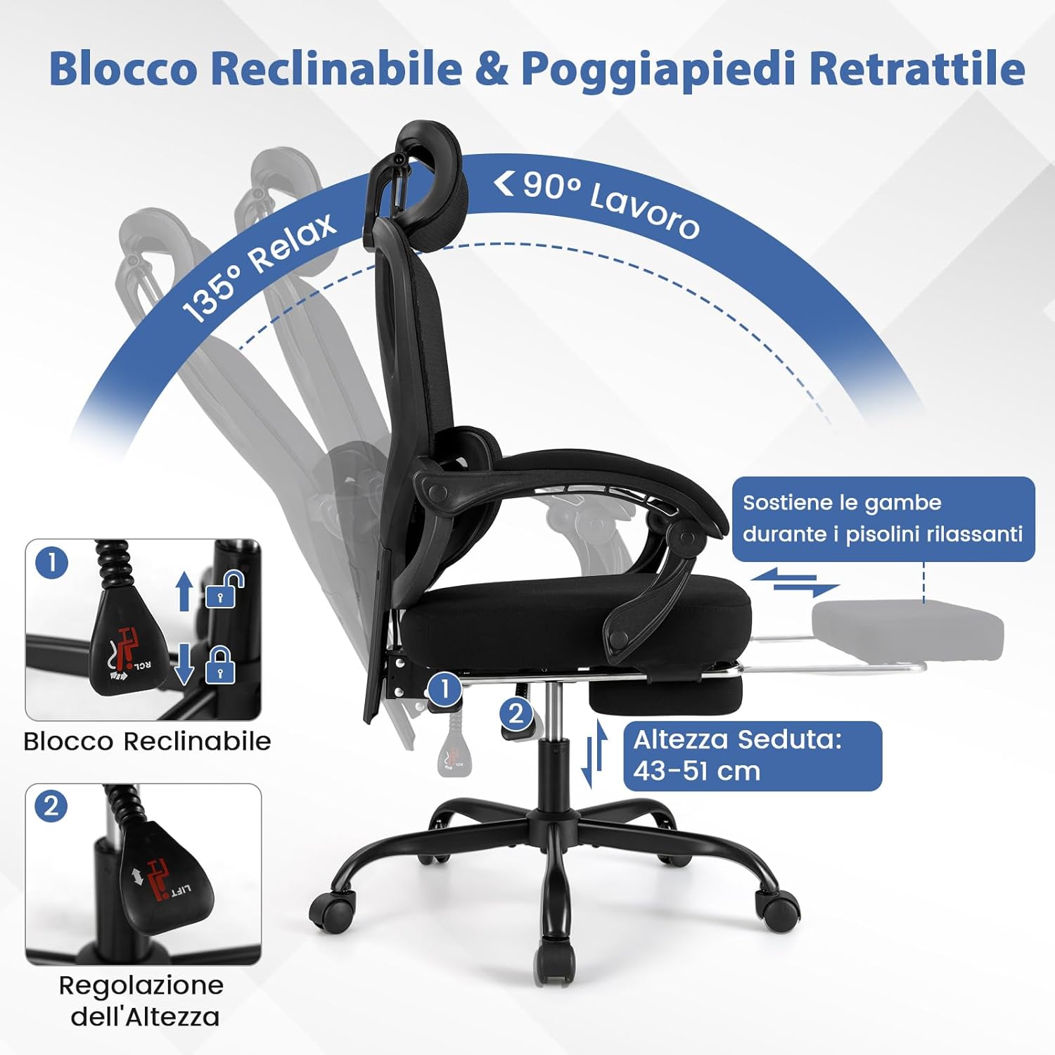 Sedia da Ufficio con Ruote, Sedia da Scrivania con Altezza Regolabile, Poggiapiedi Estraibile, Schienale Regolabile a 135°, Poggiatesta e Supporto Lombare Regolabili, Portata 160 kg