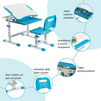 Set Scrivania e Sedia per Bambini, Set Tavolo con Altezza Regolabile per Bambini, Tavolo per Studiare con Superficie Inclinabile (Blu)