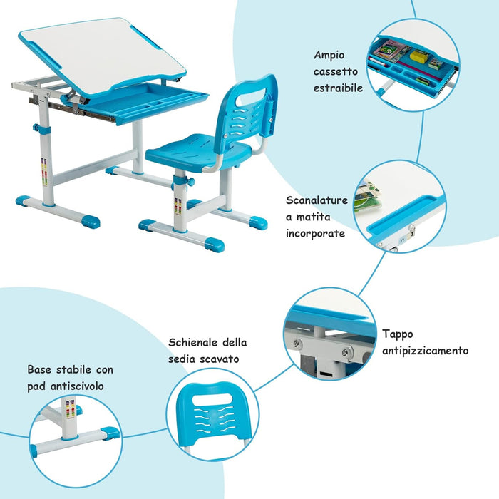 Set Scrivania e Sedia per Bambini, Set Tavolo con Altezza Regolabile per Bambini, Tavolo per Studiare con Superficie Inclinabile (Blu)