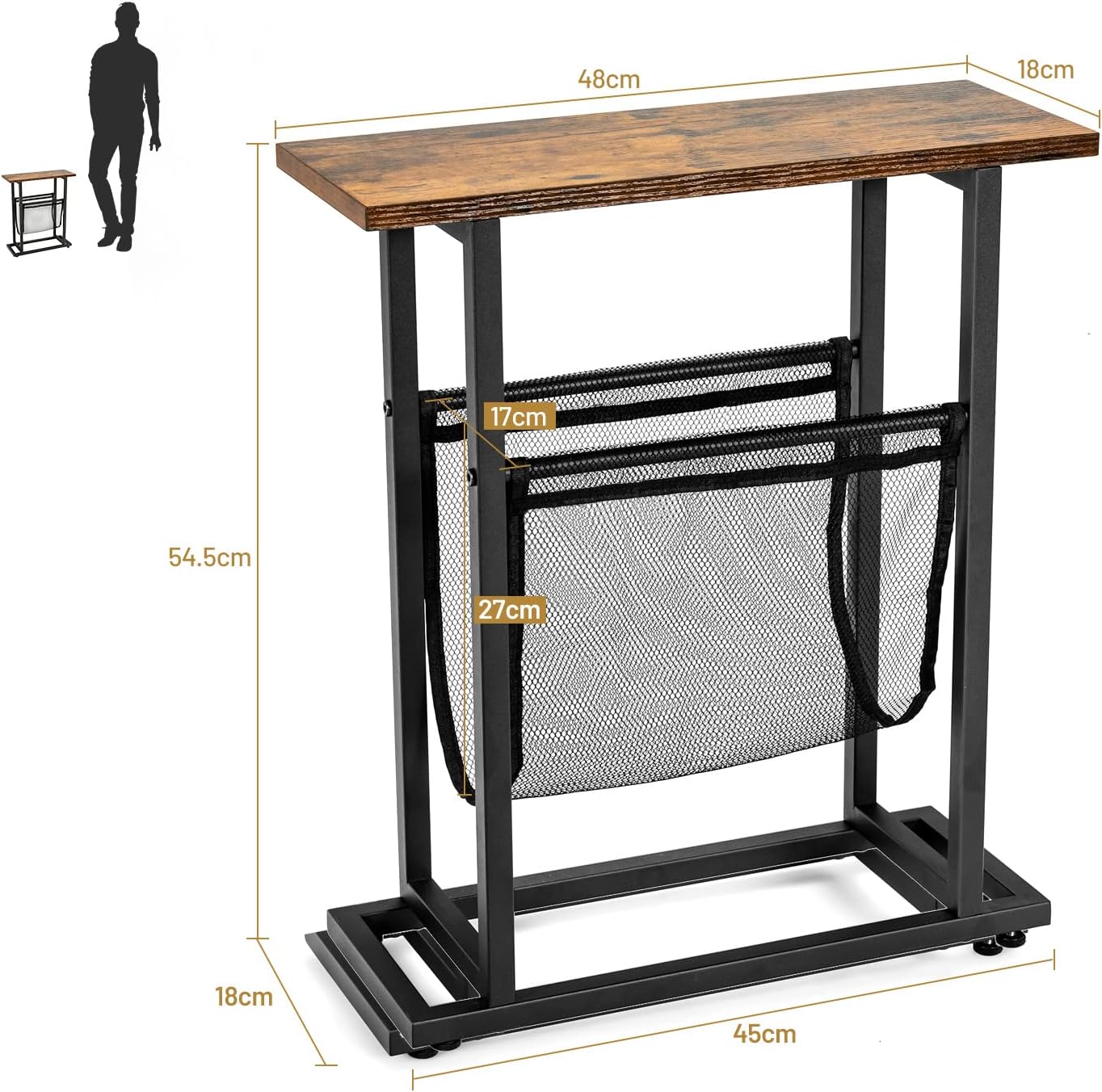 Tavolino di Servizio a 2 Livelli, Tavolino Laterale in Stile Industriale, Comodino Retrò con Porta Riviste, Tavolino da Caffè per Salone Camera da Letto e Ufficio, 45 x 18 x 54,5 cm